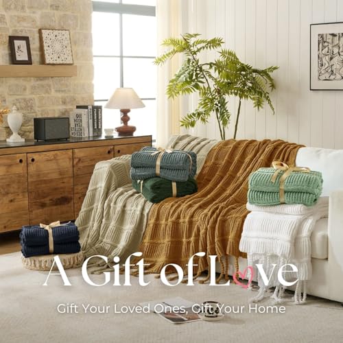 Boho Knitted Chenille Blanket with Tassels - Lightweight & Soft All-Season Throw - 3D Classic Pattern for Living Room Bedroom Couch, Cloud White, Queen 90"x90" - color: Cloud White, size: Queen