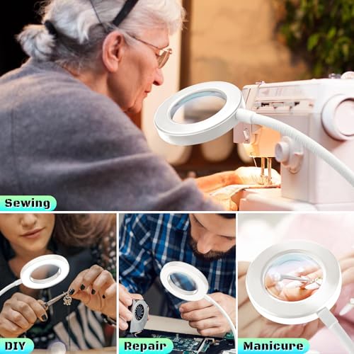 10X Magnifying Glass with Light, Clip on Mganifier with Light, 48 LED Desk Magnifying Glass wtih Clamp, 3 Modes Dimmable Magnifying LED Lamps for Bed Work Crafts DIY Repair White - color: White