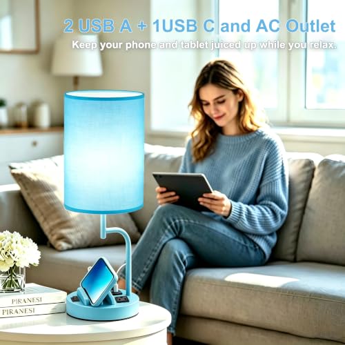 Dreamholder 2 Pack Table Lamp, Bedside Lamp with 3 USB Charging Ports & AC Outlet, USB Desk Lamp with 2 Phone Holders, Linen Fabric Shade Nightstand Lamps for Bedroom Living Room Office, Lake Blue - color: Lake Blue