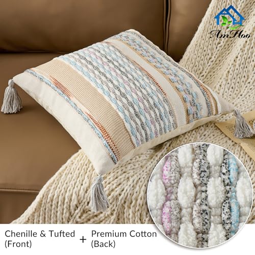 Chenille Striped Textured Boho Throw Pillow Covers Aesthetic with Tassels Woven Decorative Pillow Case for Couch Bed Sofa Bedroom Modern Funky 18 x 18-Inch White Multicolor - color: White Multicolor, size: 18" x 18" (Pack of 1)