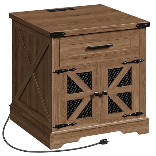 Walnut Farmhouse End Table with Charging Station, 24" Large Sofa Side Table with Drawer, Large End Table for Living Room, Wooden Nightstand with Outlet, Square, Walnut - color: Walnut