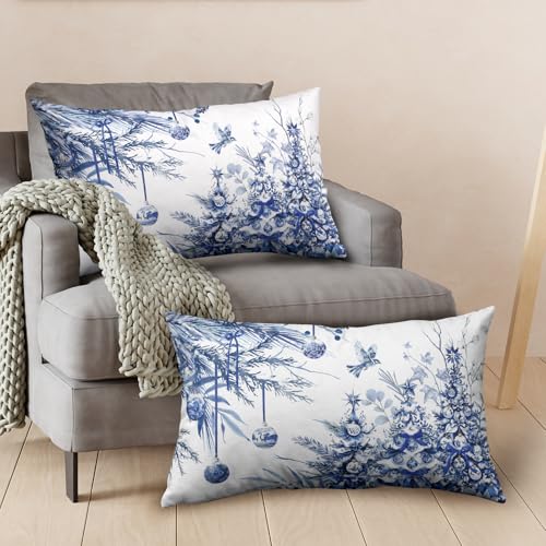 Blue Christmas Lumbar Pillow Covers 12x20 Set of 2 Christmas Xmas Tree Bird Ball Decorative Outdoor Throw Pillow Cases Winter Farmhouse Rectangle Pillowcase for Home Couch Sofa - color: Blue Christmas Tree, size: 20" x 12" (Pack of 2)