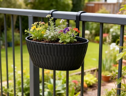 9 Inch Hanging Flower Pots, 3 Pcs Black Railing Fence Hanging Bucket Planter with Detachable Hooks, Countryside Window Plant Holder for Outdoor Garden Yard Home Decor