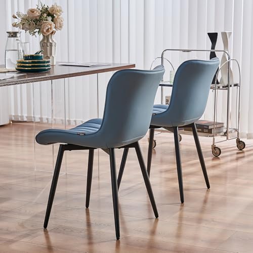 YOUNUOKE Dining Chairs Set of 2 Mid-Century Modern Kitchen Chairs Blue | Faux leather upholstered with Back, fits dining living waiting room guest reception. Waterproof easy to clean assemble, 300lb - color: Blue
