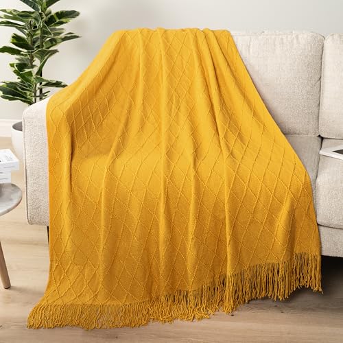 PAVILIA Mustard Yellow Knit Throw Blanket, Soft Knitted Farmhouse, 50x60 | Lightweight Decorative Summer Fall Throw, Outdoor Textured Boho Blanket, For Couch Bed Sofa Chair Living Room Bedroom - color: Mustard Yellow, size: 50 X 60 Inches - Throw