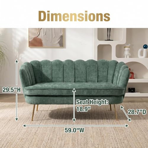 Modern Green Chenille Loveseat Couch Futon Small Sofa with Gold Metal Legs | 2-Seater Upholstered Mini Sofa Couches for Small Space Living Room Bedroom Office Dorm Studio Apartment Love Seat Couche - color: Green