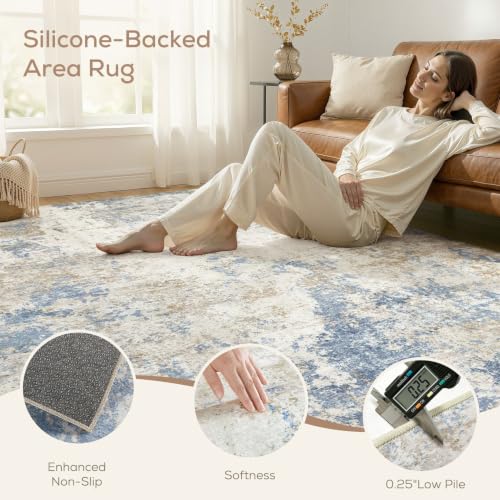 Nakagishi 5X7 Abstract Washable Area Rugs for Living Room-Blue Brown | Modern Non-Slip Silicone Backing Low Pile Soft Carpet for Bedroom Dining Decor Ideal for Families with Kids and Pets - color: Blue Brown, size: 5' x 7' (Rectangular)
