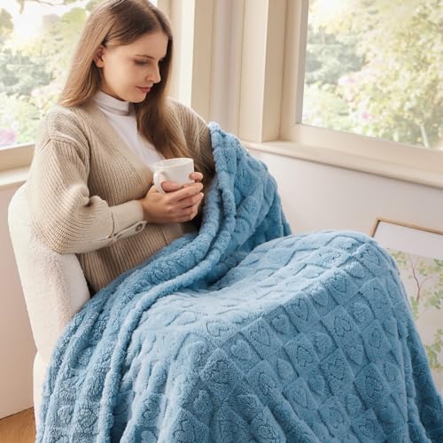 NEWCOSPLAY 3D Heart Checkered Flannel Throw Blanket, Blue Heart, 50"x70" | Super Soft Cute Lightweight Decorative Premium Silky Fleece Blanket for Couch Sofa Bed, Gift for Women Men, All Season Use - color: Blue Heart, size: Throw(50"x70")