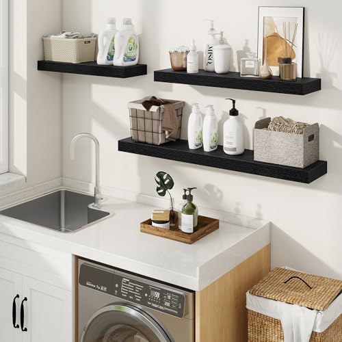 fuqing Floating Shelves for Wall, Wall Mounted Wood Floating Shelf with Invisible Brackets for Living Room, Bathroom, Bedroom, Kitchen Storage and Decor, 20 Inch Set of 2, Black - color: Black, size: 20"W x 6.5"D , 2 Pack