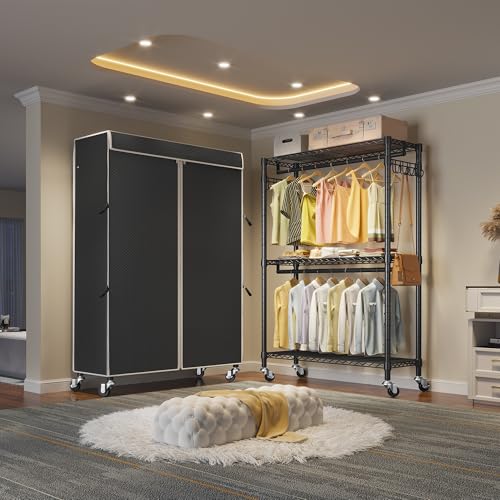 VIPEK R2C Rolling Clothing Rack Covered Portable Closet for Hanging Clothes | Lockable Silent Wheels, 650lbs Heavy Duty Double Hanging Rods, Adjustable Wire Shelving/Side Hooks, Polyester Cover, for Home - color: Black Rack with Black Cover, size: R2C Plu