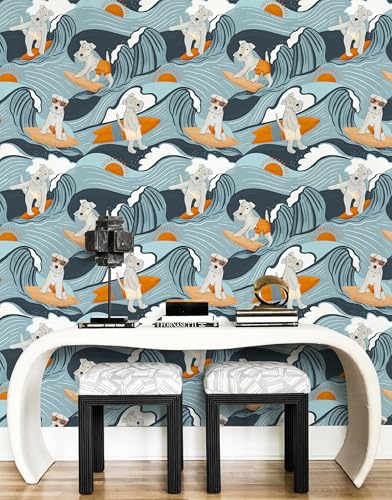 Floralplus Peel and Stick Wallpaper Dog Renter Friendly Wallpaper | Removable, Textured, Waterproof, Stick On Contact Paper, Funny Puppy Blue Wallpaper for Bathroom Nursery, 17.5 x 118 in - color: Blue