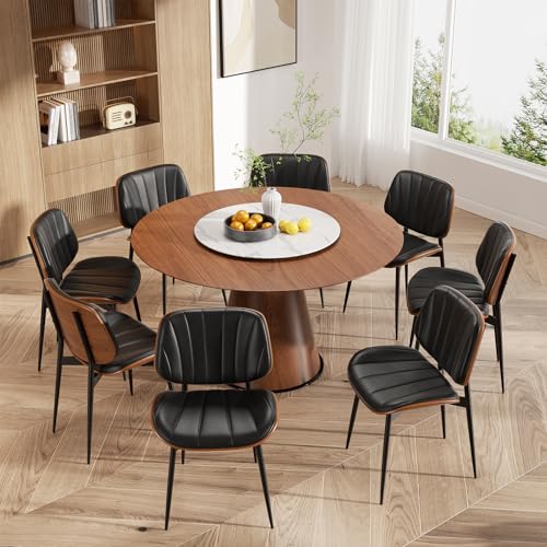 Dining Chairs Set of 6, Mid Century Modern Dining Room Chairs, Upholstered Faux Leather Kitchen Chair with Walnut Bentwood Back and Metal Legs for Kitchen Living Room, Black - color: Black, size: Set of 6