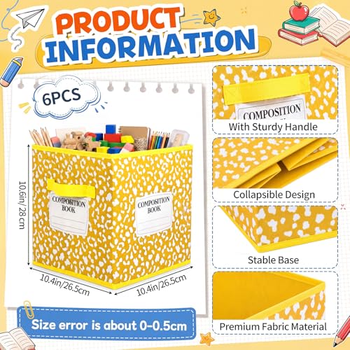 Crtiin 6 Pcs 11in Composition Book Classroom Fabric Storage Bins Cube Classroom Cubby Baskets with Handles Collapsible Bins for School Daycare Elementary Preschool Home Office (Composition Book) - style: Composition Book