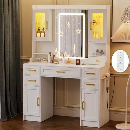 Vanity Desk with Mirror and LED Lights & Power Outlet | Large Makeup Vanity Table with 5 Drawers and 4 Storage Cabinets, White Dressing Table for Bedroom - size: 043 White