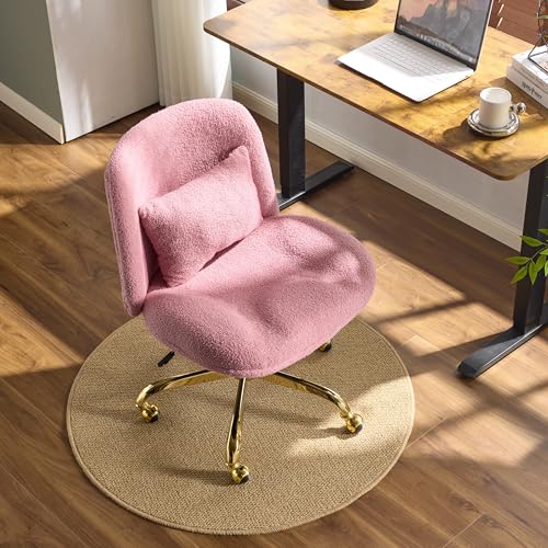 VINGLI Wide Criss Cross Legged Office Chair,Buttprint Ergonomic Desk Chair Comfy with Pillow&Gold Base,Dual-Use with/no Wheels,Adjustable Vanity Swivel Chair for Bedroom,Home Office,Teddy Plush,Purple - color: Iris Purple