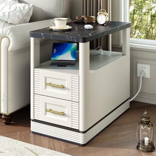 RECHHX Farmhouse End Table with Charging Station, Marble Tabletop Curved Side Table with 2 Storage Drawers for Small Space, White Wooden Nightstand for Living Room, Bedroom - color: White