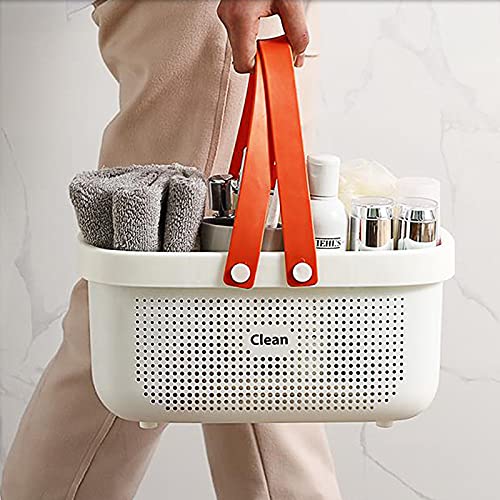 JiatuA Plastic Storage Basket with Handle Portable Shower Caddy Tote Organizer Basket Bin for Bathroom Kitchen Dorm Room Bedroom, Pink | Sturdy Drainage Large Capacity Organizer Basket with Silicone Handles for Bathroom Kitchen Bedroom College Dorm Essent