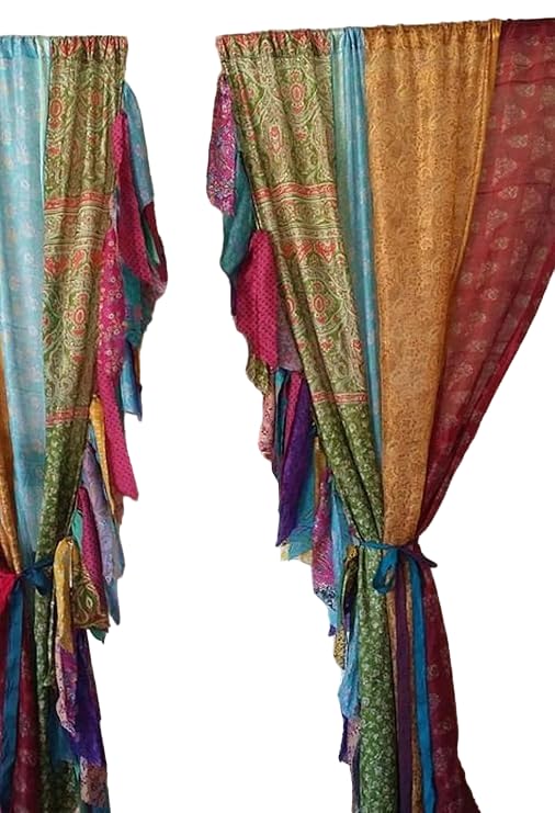 Yille Handmade Silk Sari Curtain Panels, 2 PCS Recycled Indian Silk Drapes, Assorted Bohemian Patchwork Window Curtains, Gypsy Hippy Boho Wall Hanging & Decorative Home Décor for Living Room