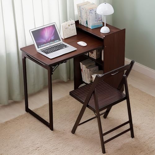 Bamboo Fold Out Desk with Storage, Mid Century Hideaway Desk for Small Spaces, Folding Computer Desk for Home Office Bedroom Apartment, Space Saving - color: Walnut