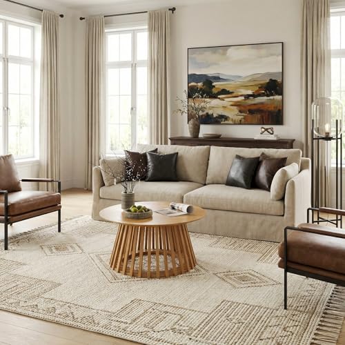 HNY Natural Round Coffee Table, Wood 31.5" Center Table for Living Room | Modern Mid Century Circle Coffee Table with Fluted Base for Outdoor Patio, Home Small Space, Bedroom, Apartment, Studio - color: Natural