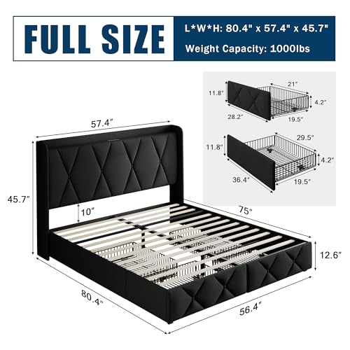 GalnFu Full Size Bed Frame with 4 Large Storage Drawers, Upholstered Platform Bed with Charging Station, Modern Wingback Storage Headboard, Easy Assembly,Noise-Free, Black - color: Black, size: Full
