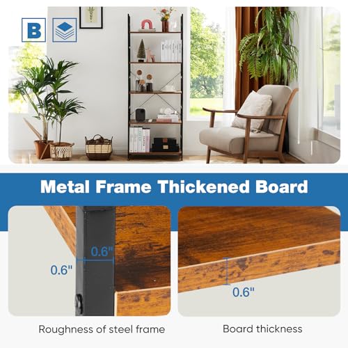 DUMOS 5 Tiers Bookshelf, Classical Modern Book Shelf, Tall Display Shelves in Living Room/Home/Office, Storage Organizer for CDs/Books/Movies, Rustic Brown | Tall Display Shelves in Living Room/Home/Office, Storage Organizer for CDs/Books/Movies, Rustic B