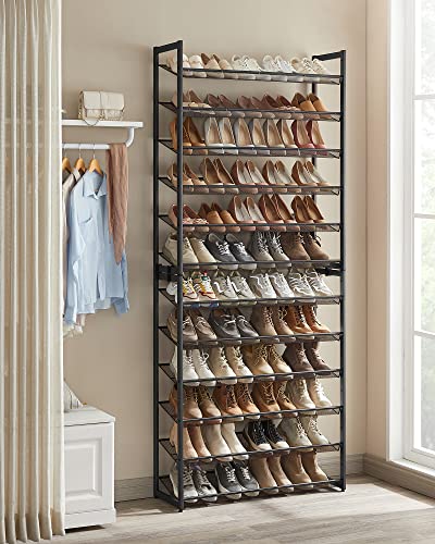 SONGMICS Shoe Rack, 12-Tier Shoe Organizer, Metal Shoe Storage for Garage, Entryway, Set of 2 6-Tier Stackable Shoe Shelf, with Adjustable Flat or Angled Shelves, Holds 48-60 Pairs, Black ULMR12B - color: Ink Black, size: 12 Tiers (36.4"W)