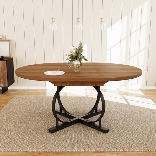 HIPIHOM Extendable Round Oval Dining Table Walnut Seats 4-6 People | 43.3"-59" MDF Table with Hidden Sliding Rails, Space-Saving X-Shaped Metal Frame Perfect for Dining, Apartment, Small Spaces - color: Walunt Table, size: Round Table Only