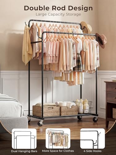 Clothes Rack, Rolling Clothing Rack with Double Rods for Hanging Clothes, Portable Garment Rack with Wheels, Metal Wardrobe Closet Organizer for Bedroom and Laundry Room