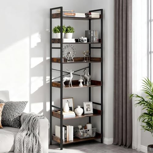 VEVOR Industrial Bookshelf, 6-Tier, Vintage Ladder Shelf Bookshelves and Bookcases, with Metal Frame, Book Organizer with Open Shelves, for Living Room, Bedroom, Kitchen, Home Office, Rustics Brown - size: 6-Tier