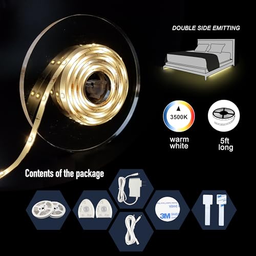llumiforce Under Bed Lights Motion Sensor Dimmable Warm White LED Strip Night Light for Bedroom Stairs Cabinet Auto On Off Gentle Glow Dual Kit 2 x 5FT - size: Dual (5FT x 2)