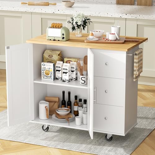 Mobile Kitchen Island on Wheels, Rolling Storage Cart with Drawers, White | 40" Rolling Kitchen Cart , Portable Utility Cart with Locking Casters, for Small Kitchens & Dining Rooms - color: White, size: 40-IN