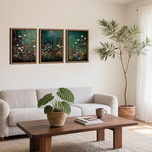 Vintage Wildflower Wall Art Set of 3, Moody Dark Green Flower Botanical Wall Decor Paintings,Nature Floral Farmhouse Landscape Posters Prints Pictures for Living Room Bedroom 16x24 Inch Wood Framed - color: Dark Florals, size: 24L" x 16W"