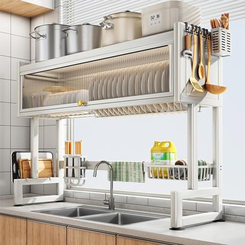 Hdrriozu Over the Sink 3 Tier Dish Drying Rack with Cover, Milkshake White | Rust resistant built last. Easy install simple tools. Holds dishes glasses bowls. Space saving over sink tidy kitchen. - color: Milkshake White
