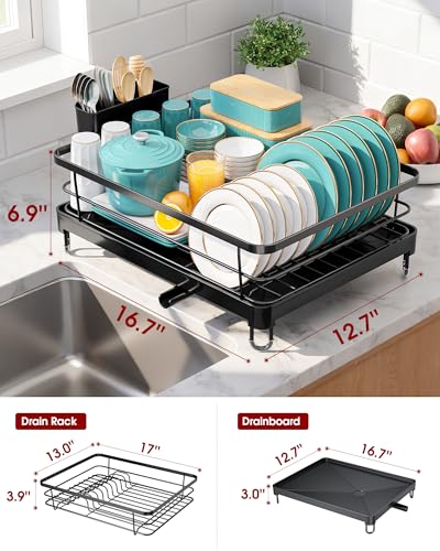 Sakugi Stainless Steel Dish Drying Rack for Kitchen Counter, Sink Organization and Storage Essentials with Silverware & Utensil Holder, Home and Apartment Decor, 12.5''W x 16.5'L, Black - color: Black, size: Large - 12.5"W X 16.5"L