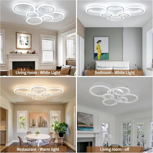 Shine LUEST 60W Modern LED Ceiling Light Fixture, Dimmable LED Chandelier Flush Mount Ceiling Lights Remote Control 6 Acrylic Ring Ceiling Lamp Fixture for Living Room Dining Room Bedroom, 7640LM - color: White, 6 Rings