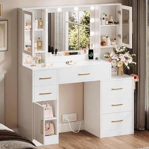 TOKSOM 51" Vanity Desk with Mirror and Lights & Charging Station, Bedroom Dressing Table, Large Vanity Set, 6 Drawers and 2 Cabinets, Makeup Vanity Table with Charging Station, Without Stool - size: 51 inch, style: Modern White