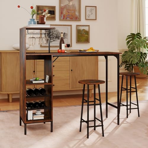 GOFLAME Bar Table Set for 2, Counter Height Dining Table Set with Shelves, Cup Holder & Wine Rack, Breakfast Table & Stools Set, 3-Piece Pub Table Set for Kitchen, Dining Room, Rustic Brown - color: Rustic Brown