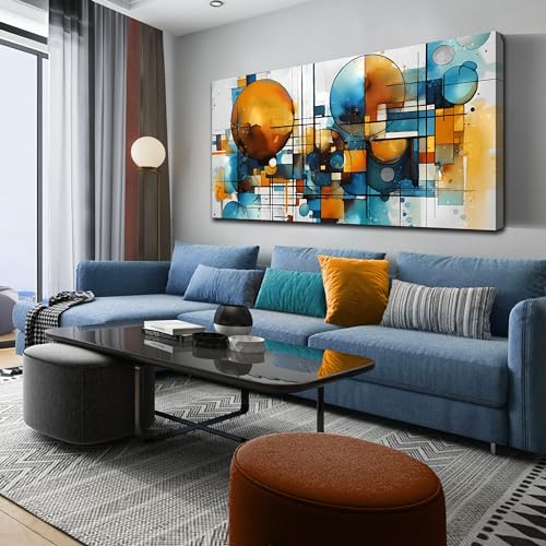 ENTANUB Abstract Wall Art for Living Room, Circle Canvas Wall Decor for Bedroom, Orange and Blue Print Paintings Artwork, Size 29x59 Inches - size: 59"L x 29"W