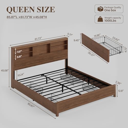 Queen Size Bed Frame with 4 Storage Drawers, Brown | Metal Platform Bed Frame with Tall Headboard, Queen Bed Frame with LED Lights&Charging Ports, No Box Spring Needed,Noise-Free - color: Brown, size: Queen