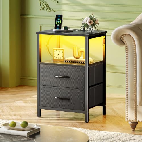 Huuger Night Stand with Charger Station and LED Lights, 2 Drawer Nightstand | Bed Side Table with Open ShelfEnd TableFabric Drawers for Bedroom, Black - color: Black, size: 11.8"D x 15.7"W x 23.6"H(2 Drawers)