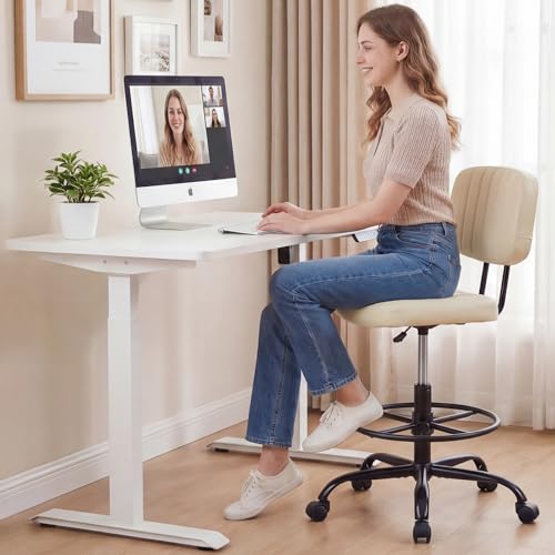 DUMOS Armless Drafting Chair, Standing Desk Chair, Rolling Stool | Ergonomic Low Back Office Seat, Height Adjustable with Footrest Ring, PU Leather, Swivel Wheels, Studio Lab Counter, Beige - color: Beige