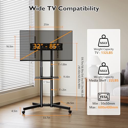 BONTEC Rolling TV Stand with Tilt, Mobile TV Cart for 32–85 Inch TVs, Black | Portable Stand with Laptop Shelf, Locking Wheels, Outdoor TV Stand for LED LCD Flat Curved, Holds 132 lbs, Max VESA 600x400mm - color: Black, size: 32–85 Inch