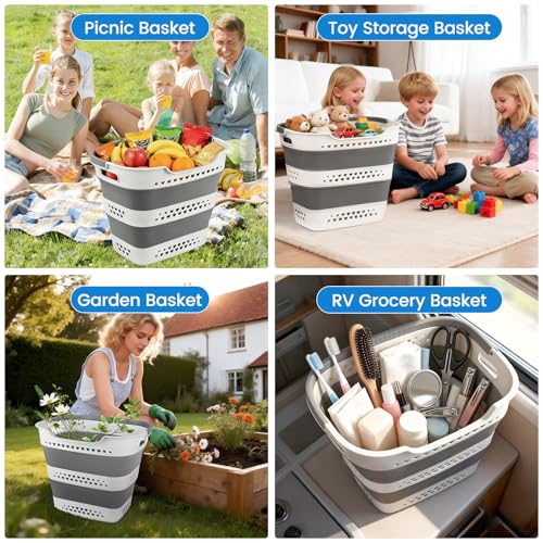 42L Collapsible Laundry Baskets with Handle, Large Laundry Hamper Plastic for Dirty Clothes, Pop Up Hampers Portable Bin Storage Basket Organizer for Home Dorm Room Organization RV Camping Essentials