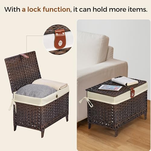 Wicker Storage Basket with Lid, 65L Shelf Basket with Removable Liner Bag | Rattan-Inspired Woven Design, Elevated Feet, Storage Trunk for Wardrobe, Bedroom & Home Organization - color: Brown, size: 65L
