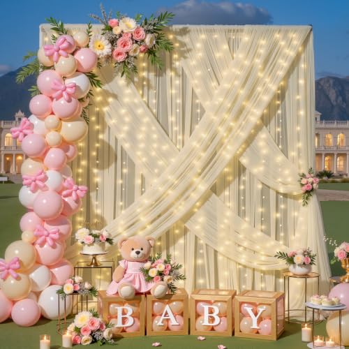 Champagne Tulle Photo Backdrop Curtain with Lights String for Parties Wedding Bridal Shower Sheer Champagne Curtain Backdrop for Birthday Baby Shower Photo Booth Photography 10ft x 8ft - color: Champagne, size: 10ft x 8ft ( 5ft(W) x 8ft(H), 2 panels )