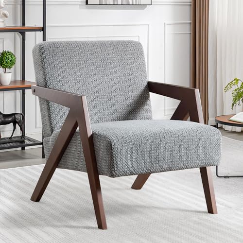 Bonzy Home Mid-Century Modern Accent Chair with Solid Wood Frame, Upholstered Armchair for Bedroom & Living Room,Reading Side Chair with Soft Lien Fabric Cushion,Easy Assembly - color: Light Gray, size: 1PCS