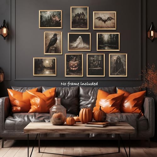 Creepy Halloween Wall Art Posters Prints Set of 10 – Unframed Vintage Witchy Gothic Canvas Picture, Dark Aesthetic Halloween Ghost Wall Decor for Living Room Bedroom Gallery 8x10 inch - color: Dark Halloween 10-Pack, size: 10L" x 8W"