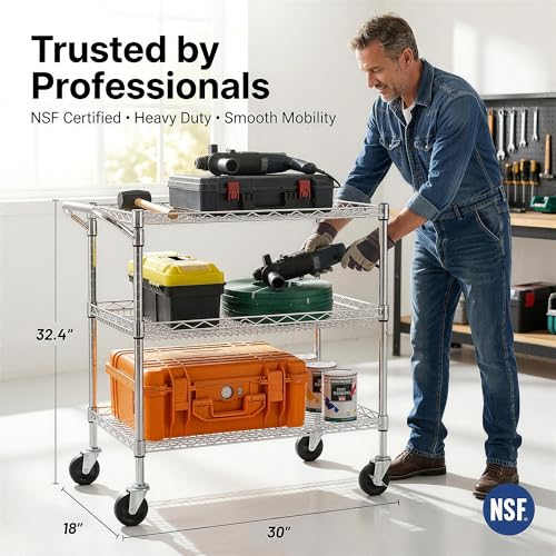 Finnhomy 3 Tier Heavy Duty Commercial Grade Utility Cart, Wire Rolling Cart with Handle Bar, Steel Service Cart with Wheels, Utility Shelf Plant Display Shelf Food Storage Trolley, NSF Listed - size: 30"L x 18"W x 32.4"H-3 Tier, style: Chrome Cart