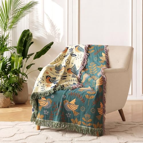 LUTBM Boho Throw Blanket for Couch 50"x60", 100% Cotton Soft Bed Blankets | Reversible Floral Birds Embroidery Throws, All-Season, For Chair Sofa Living Room Bedroom, Lightweight Breathable, Home Decor - color: Animal-bird-a, size: 50"×60"